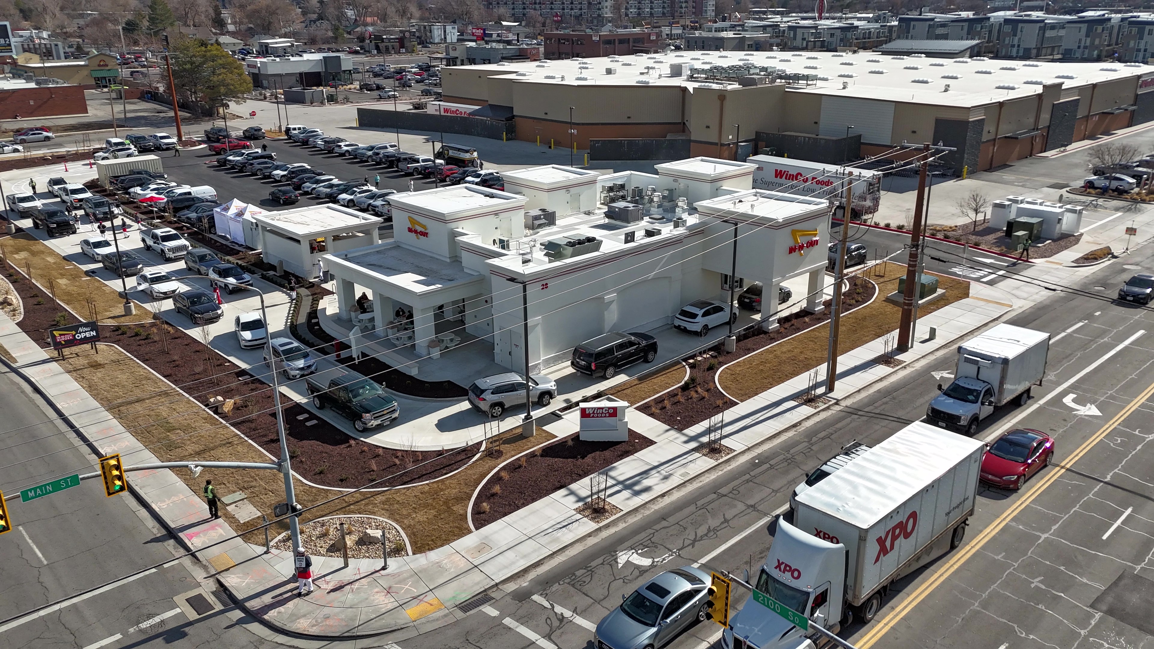 Aerial drone photo of a drive-thru restaurant net lease investment property
