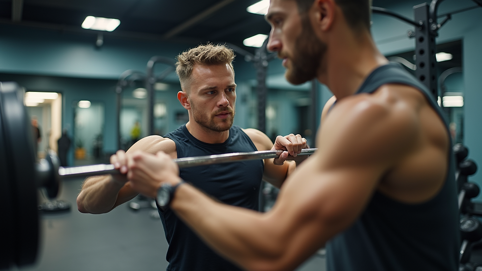 Eye-level view of a personal trainer guiding a client during a workout
