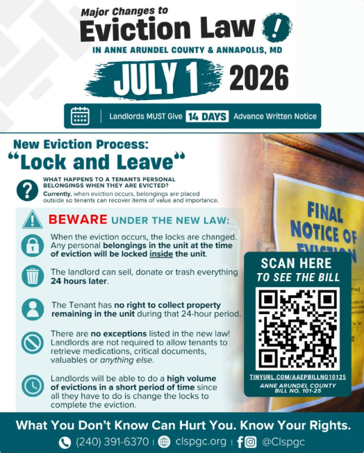 IMPORTANT - Major Changes to Eviction Law in Anne Arundel County & Annapolis, MD effective July 1, 2026