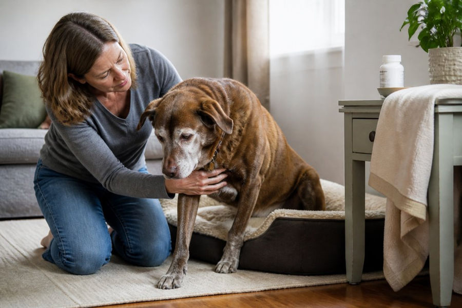Infographic showing signs of canine joint pain and the benefits of premium dog supplements for senior dogs.