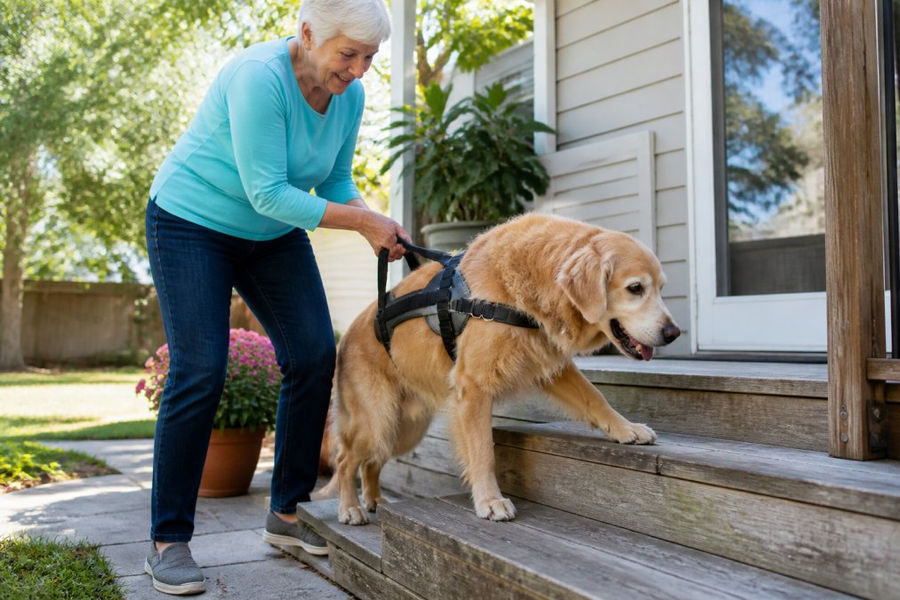 Older adult gently guiding a senior golden retriever up steps using a padded senior dog support harness.