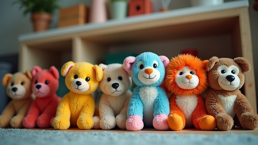 Eye-level view of colorful pet toys arranged neatly on a shelf
