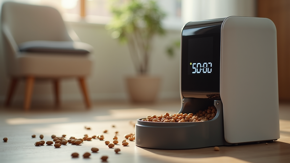 Close-up view of automatic pet feeder with digital display