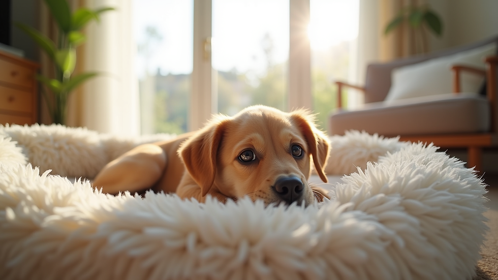 Eye-level view of a cozy pet bed in a bright living room