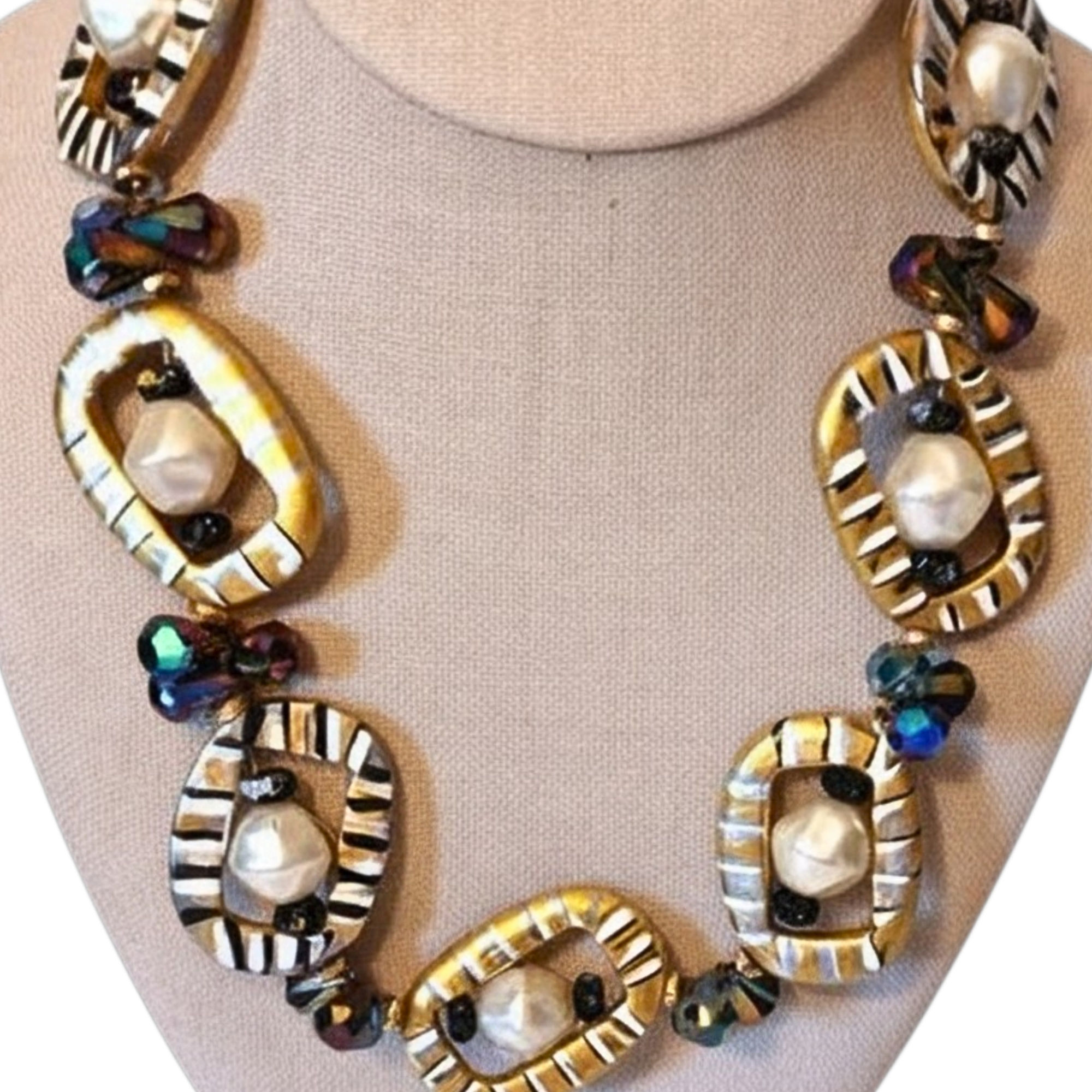 Hand Painted Statement Necklace, Metallic Beaded Jewelry, Adjustable Length