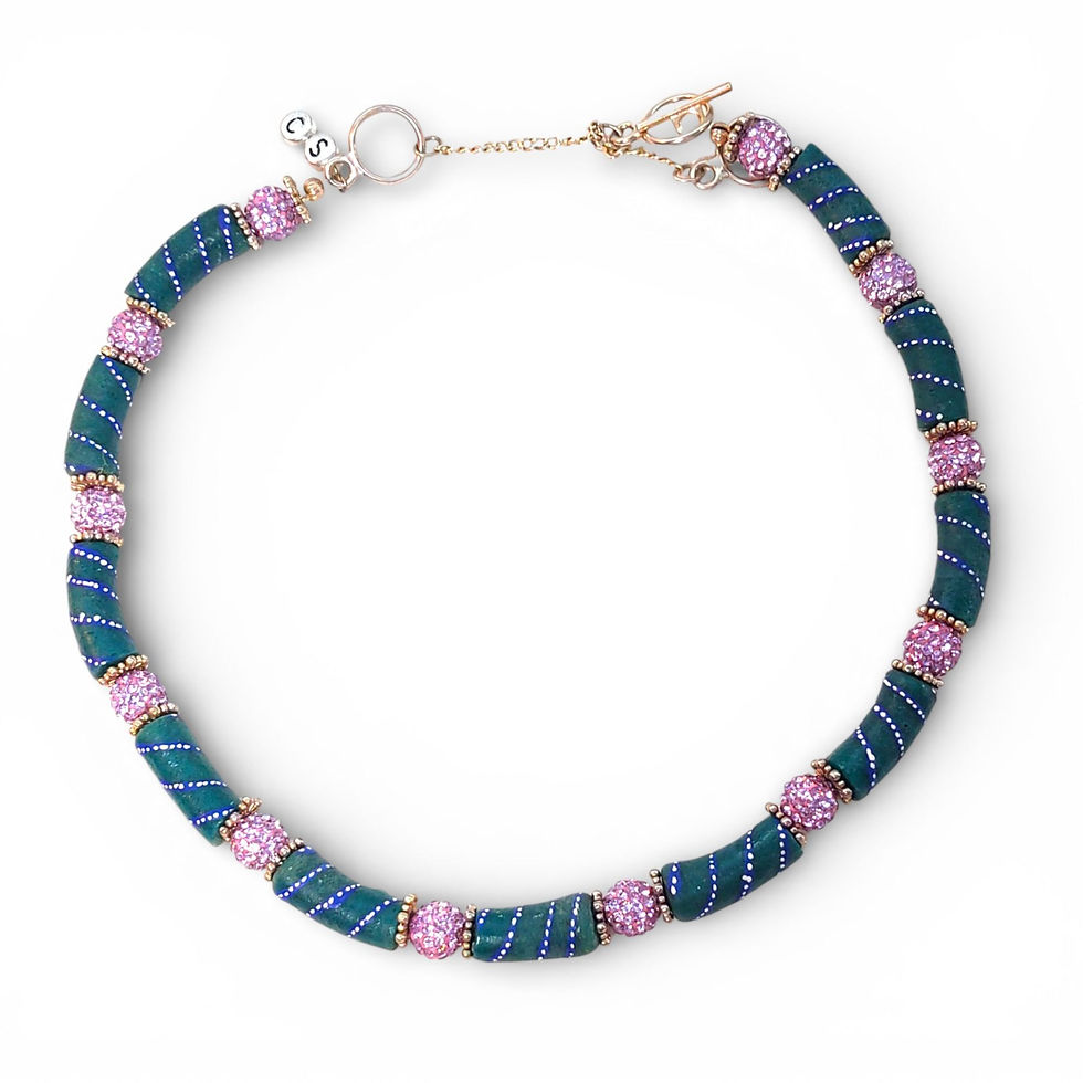 Thumbnail: handmade Ghana beaded necklace with pink crystal accents, elegant statement jewelry for women, perfect for boho chic outfits.