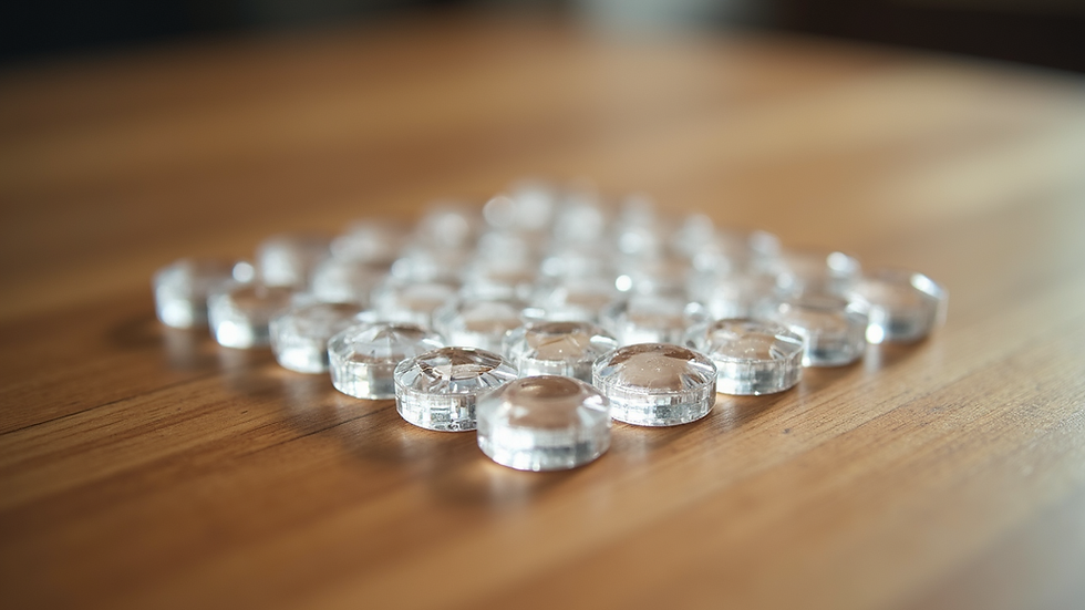 Eye-level view of a small crystal grid arranged on a wooden table