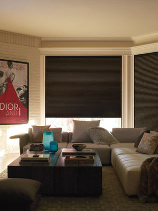 blackout black honeycomb shades from hunter douglas in media room