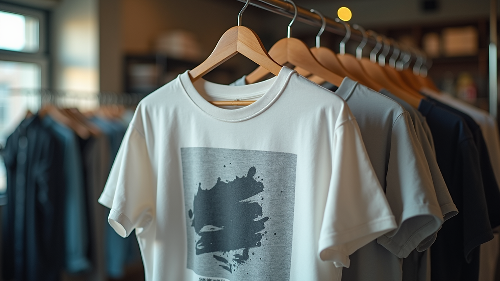Eye-level view of a trendy t-shirt with bold graphic design on a hanger
