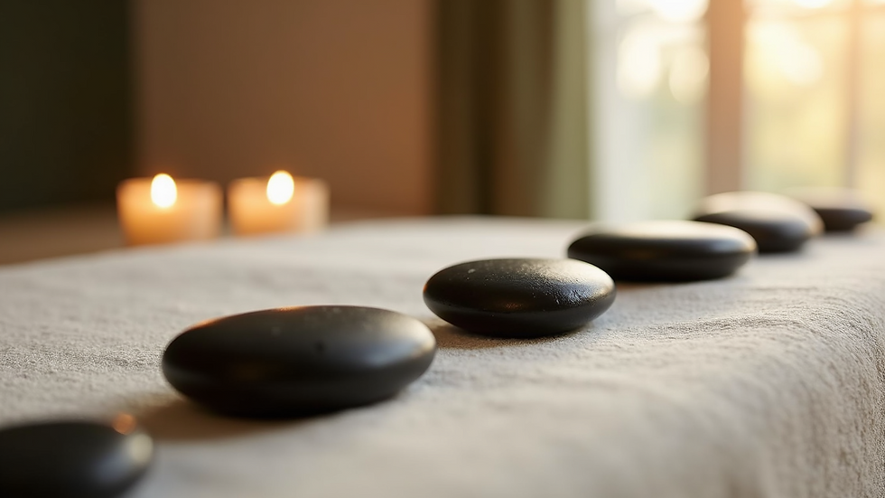 Close-up view of smooth hot stones arranged on a massage table