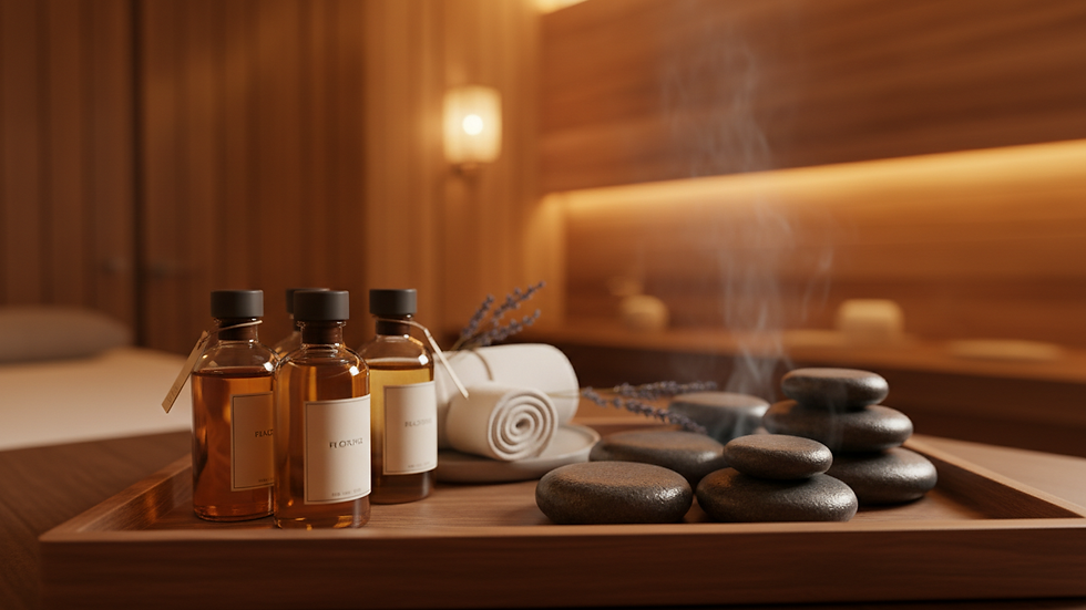 Close-up view of massage oils and stones arranged neatly on a wooden tray
