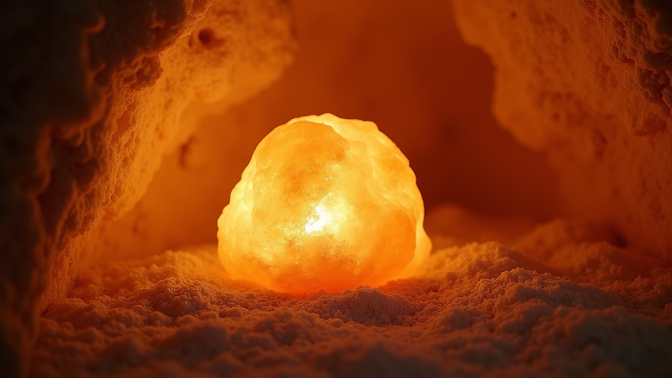 Close-up view of a salt lamp glowing softly inside a salt cave
