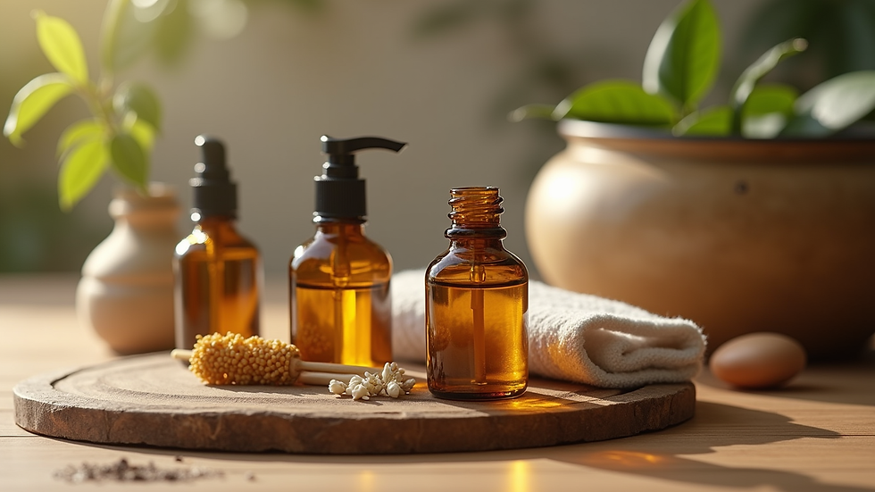 Close-up view of essential oils and massage tools on a wooden table