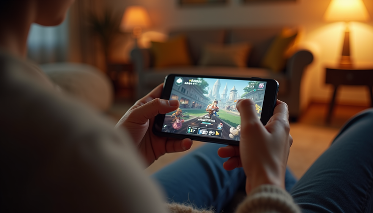 Eye-level view of a person playing an online game on a smartphone in a cozy room