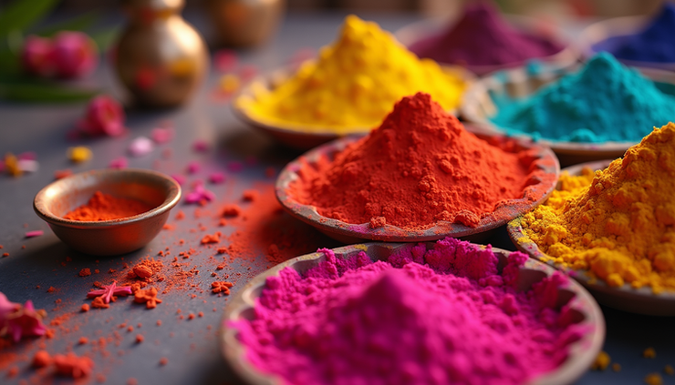 High angle view of a decorated Holi celebration setup with colorful powders and festive decorations