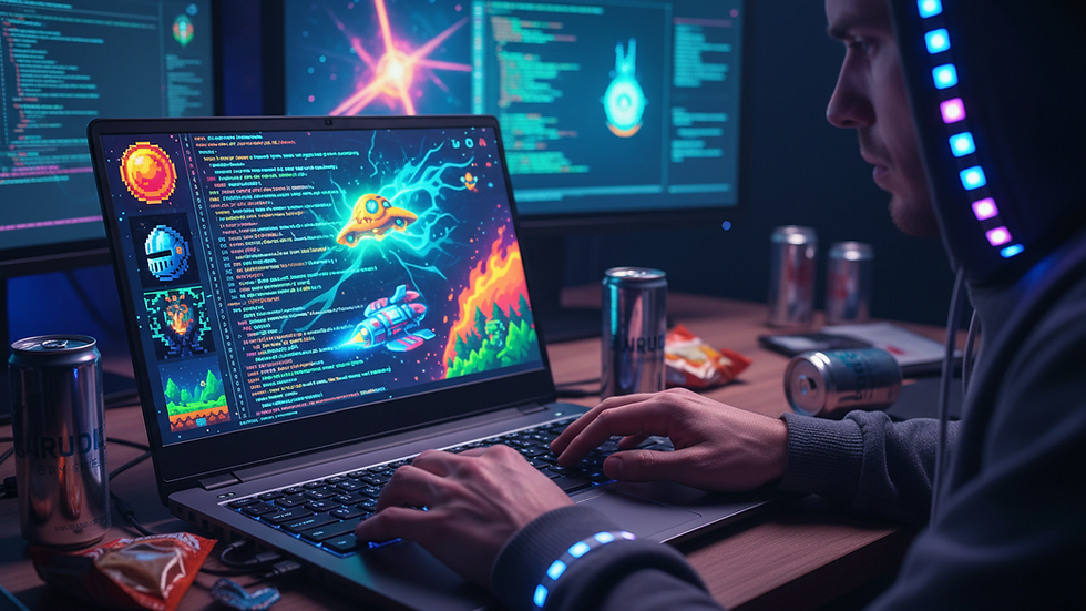 Close-up view of a developer coding a game on a laptop with game assets on the screen