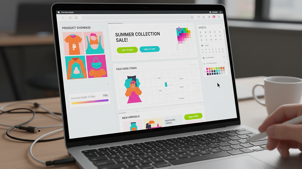 Close-up view of a laptop screen showing ecommerce website design in progress