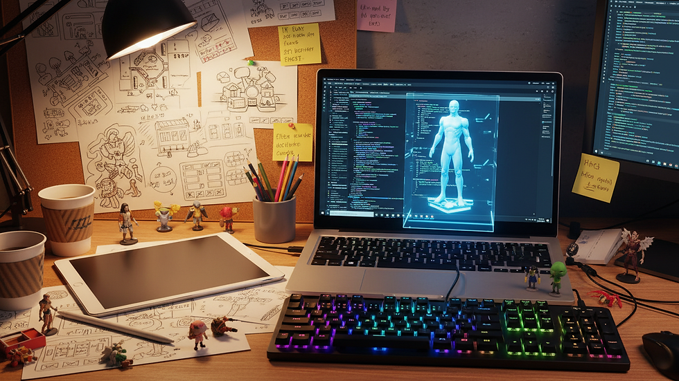 Close-up view of a developer’s desk with coding on a laptop screen and game design sketches