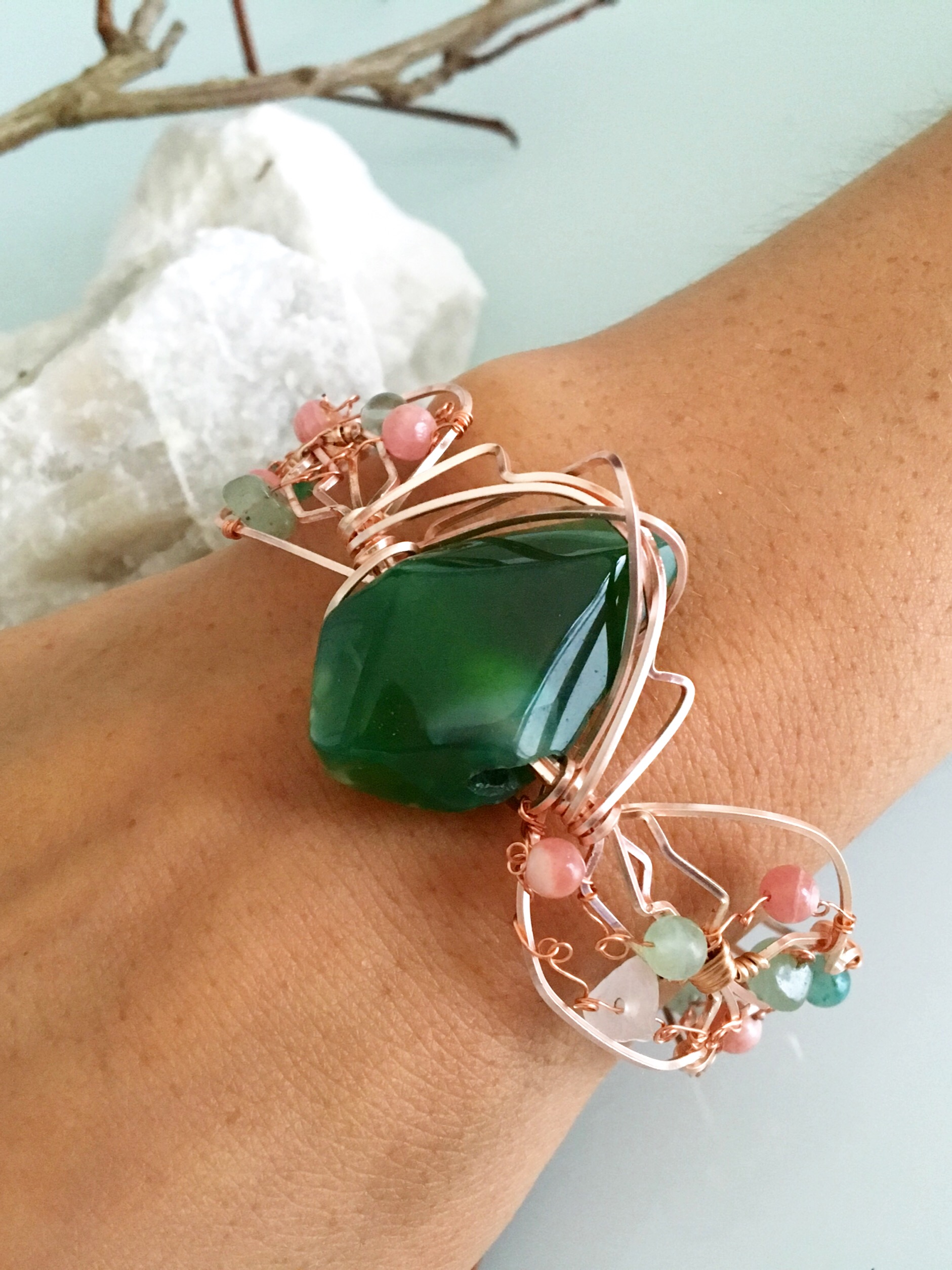 Qhresnna Quartz Bracelet - Green Agathe aventurine and Rhodocrosite - Silver Plated