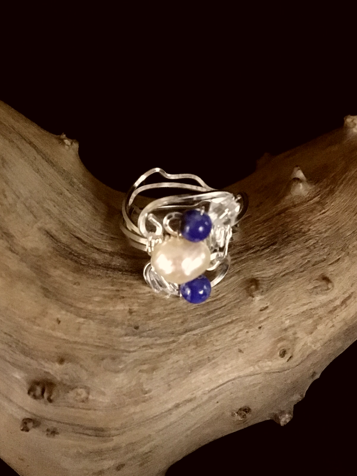 Dainty Deva Ring - Pearls and Lapis Lazuli - Silver Plated