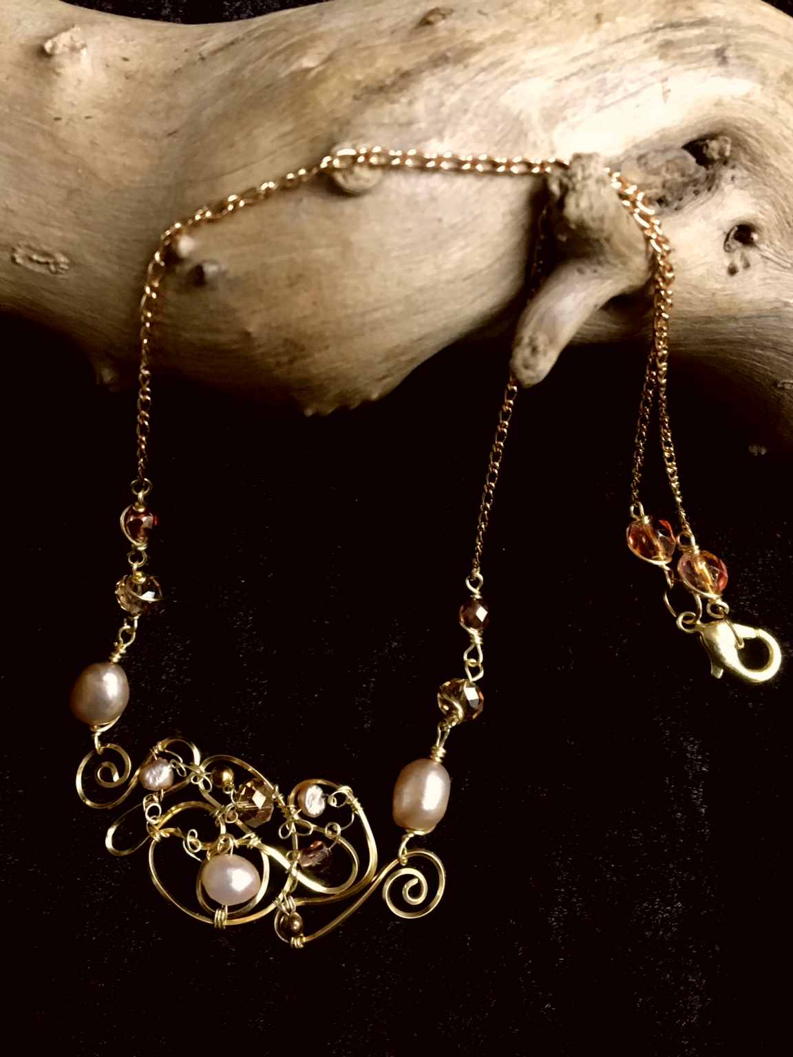 Dainty Deva Necklace - Pearls and Amber Swarovsky - Silver Plated - Gold Filled chain