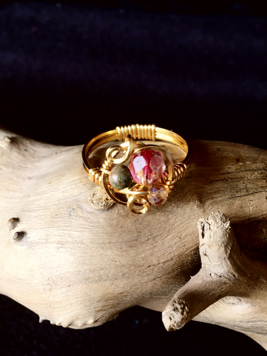 Dainty Deva Ring - Swarovsky and jasper - Silver Plated Gold Color
