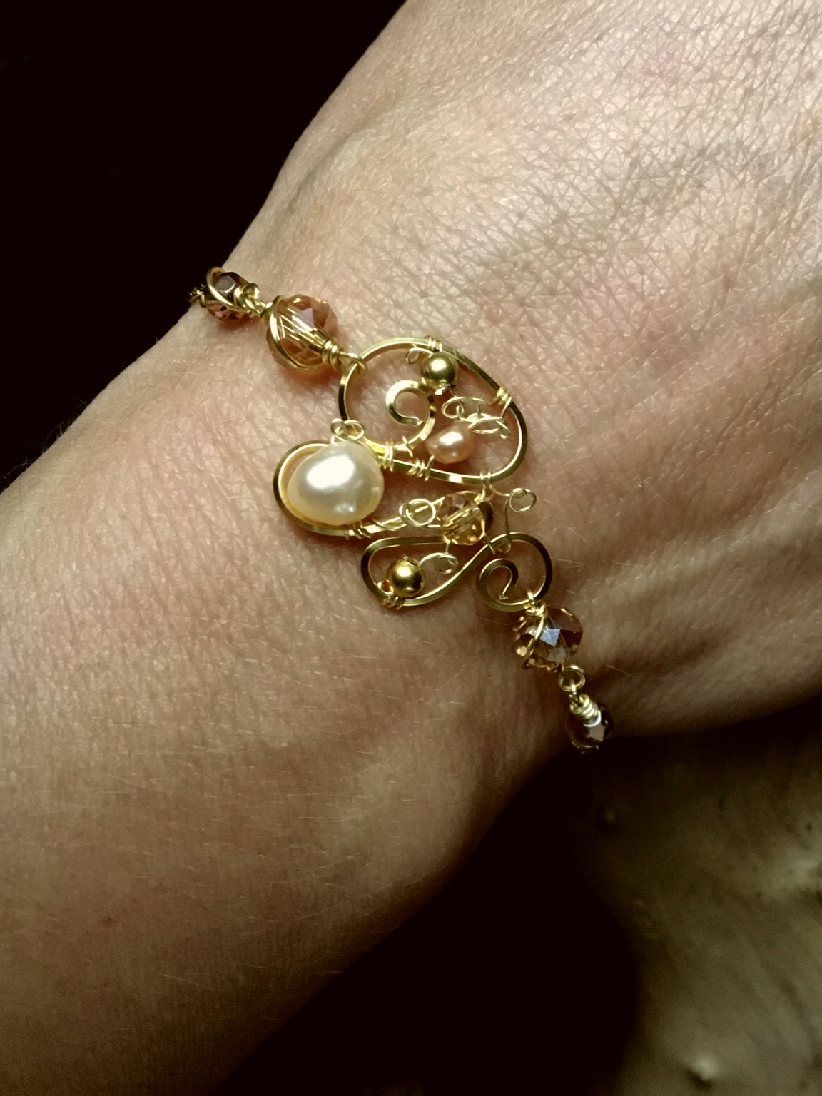 Dainty Deva Bracelet - Pearls and Amber Swarovsky - Silver Plated - Gold Filled Chain