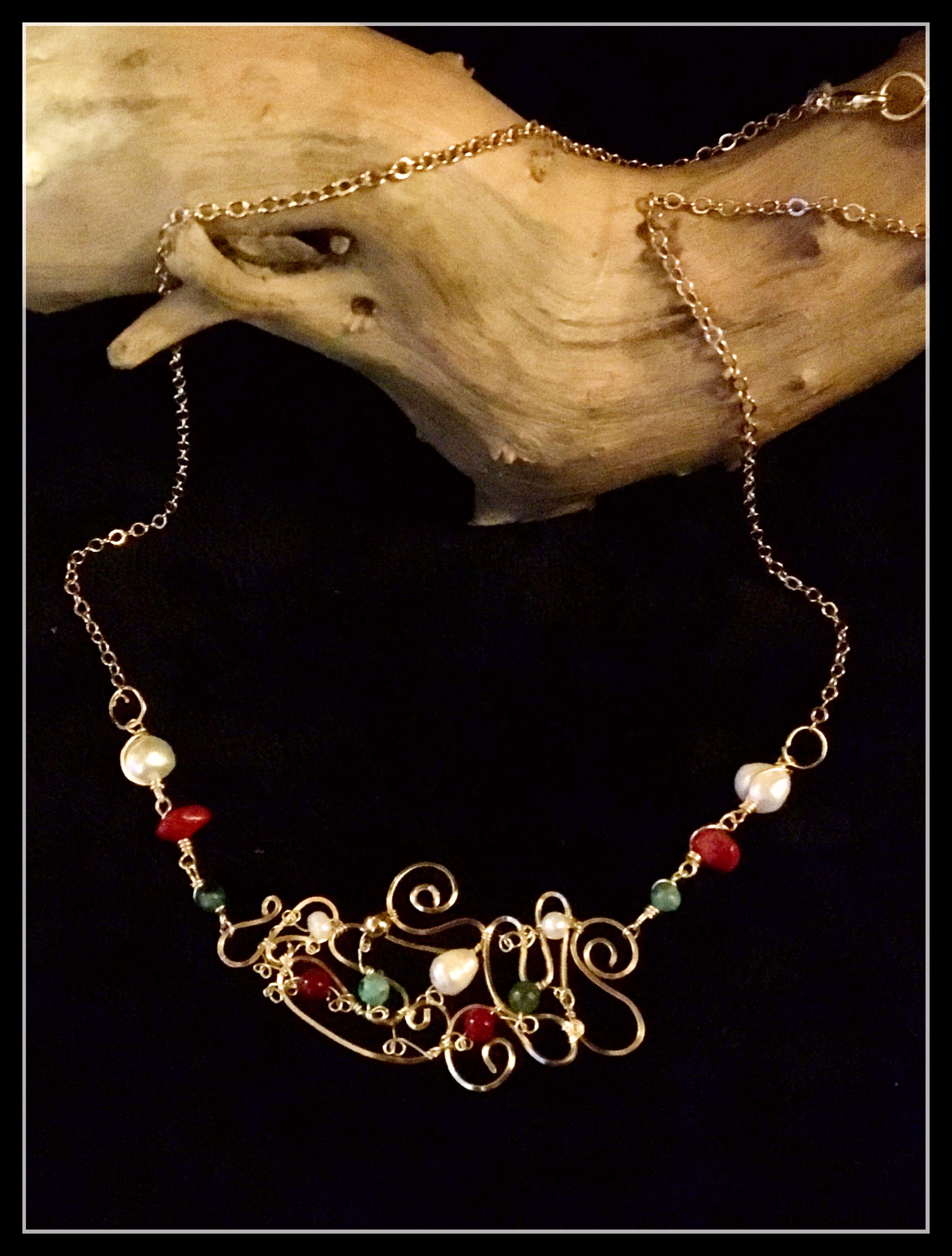Dainty Deva Necklace - Swirl and Pearl - Silver Plated Gold Color