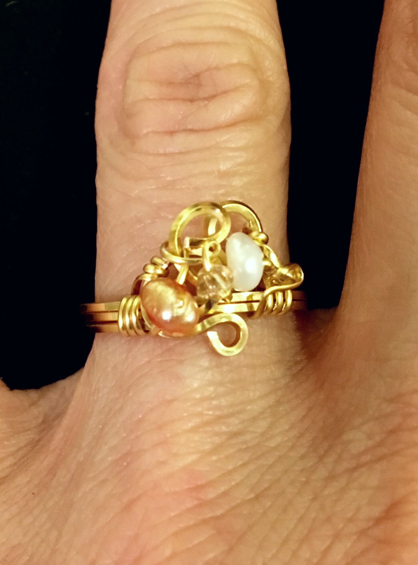 Dainty Deva Ring - pink and white pearls - Silver Plated Gold Color