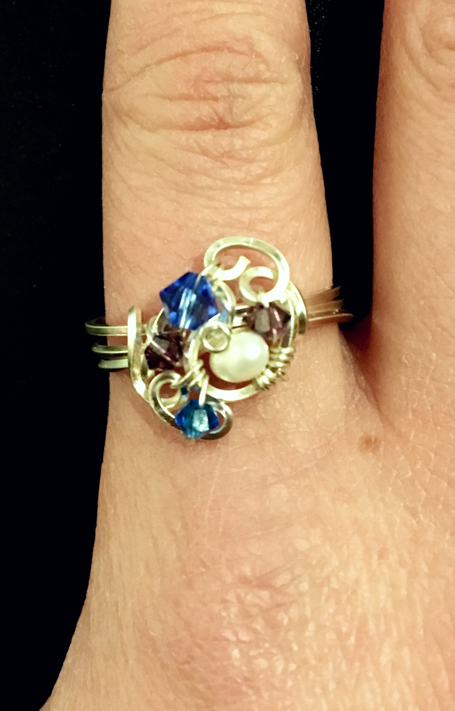 Dainty Deva Ring - Pearls and blue Swarovsky - Silver Plated