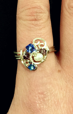 Dainty Deva Ring - Pearls and blue Swarovsky - Silver Plated