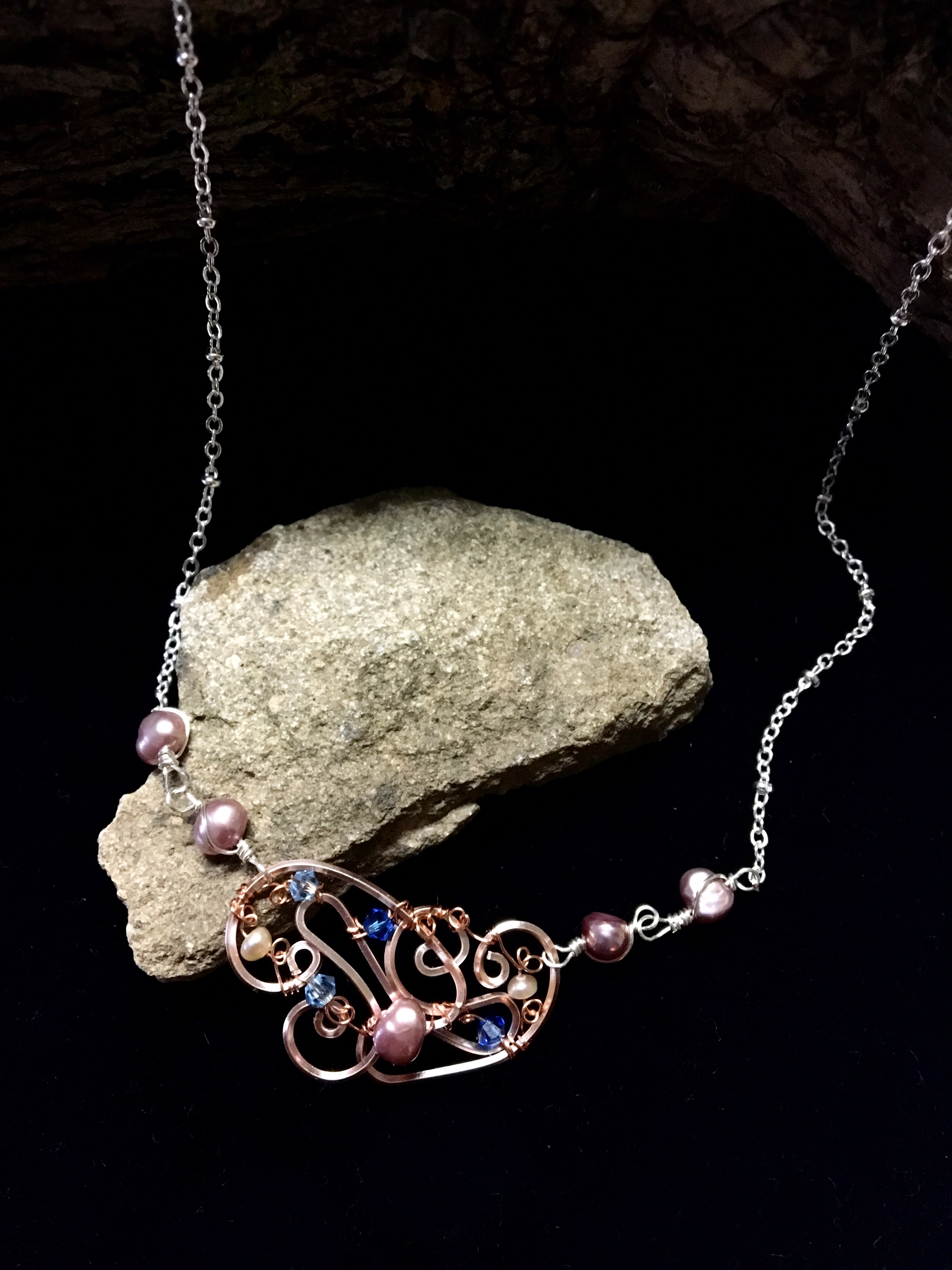 Dainty Deva Necklace - pink pearls and swarovsky - Silver Plated Rose gold Color