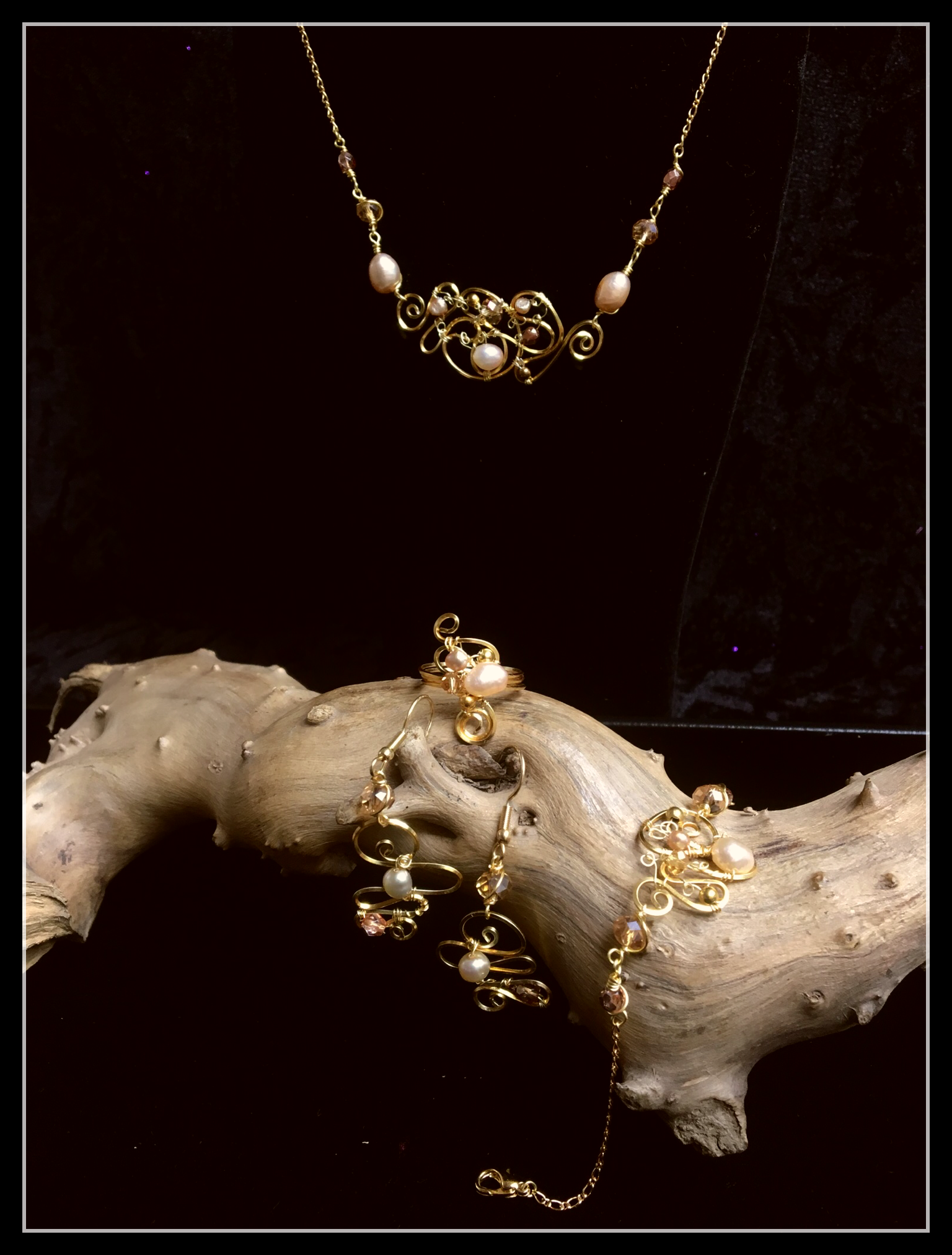 Dainty Deva Set - Pearls and amber swarovsky - Silver Plated and Goldfilled