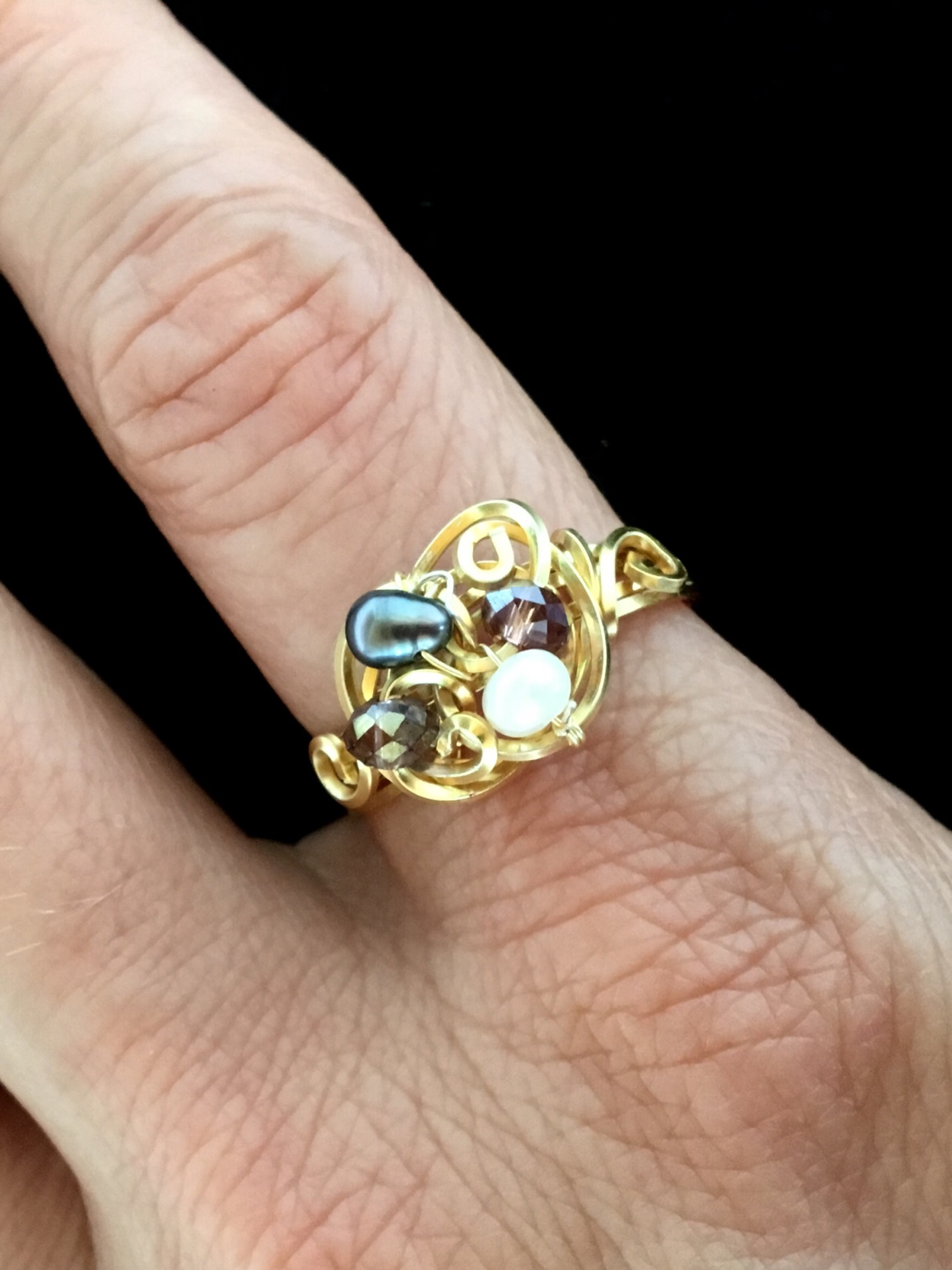 Dainty Deva Ring - Pearls and crystals - Silver Plated Gold Color