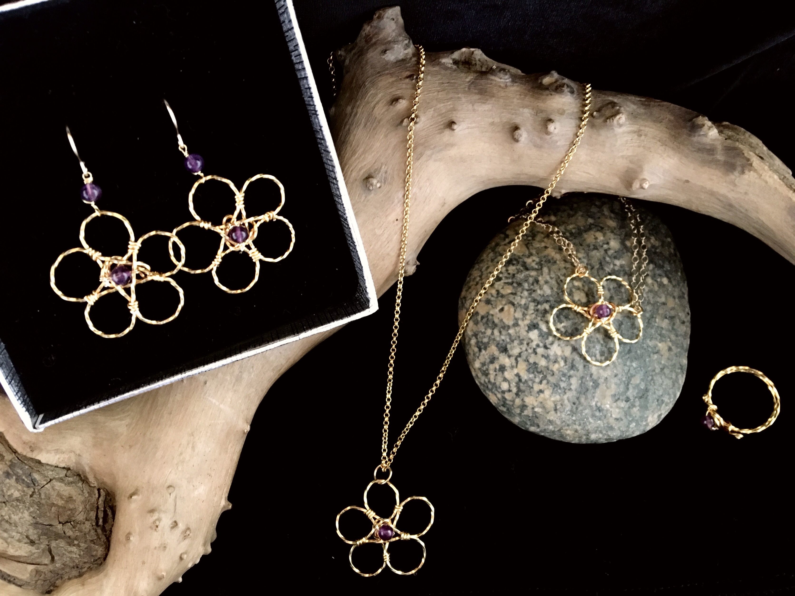 Candid Claire Set - Twist Flower - Silver Plated Gold Color - Amethyst