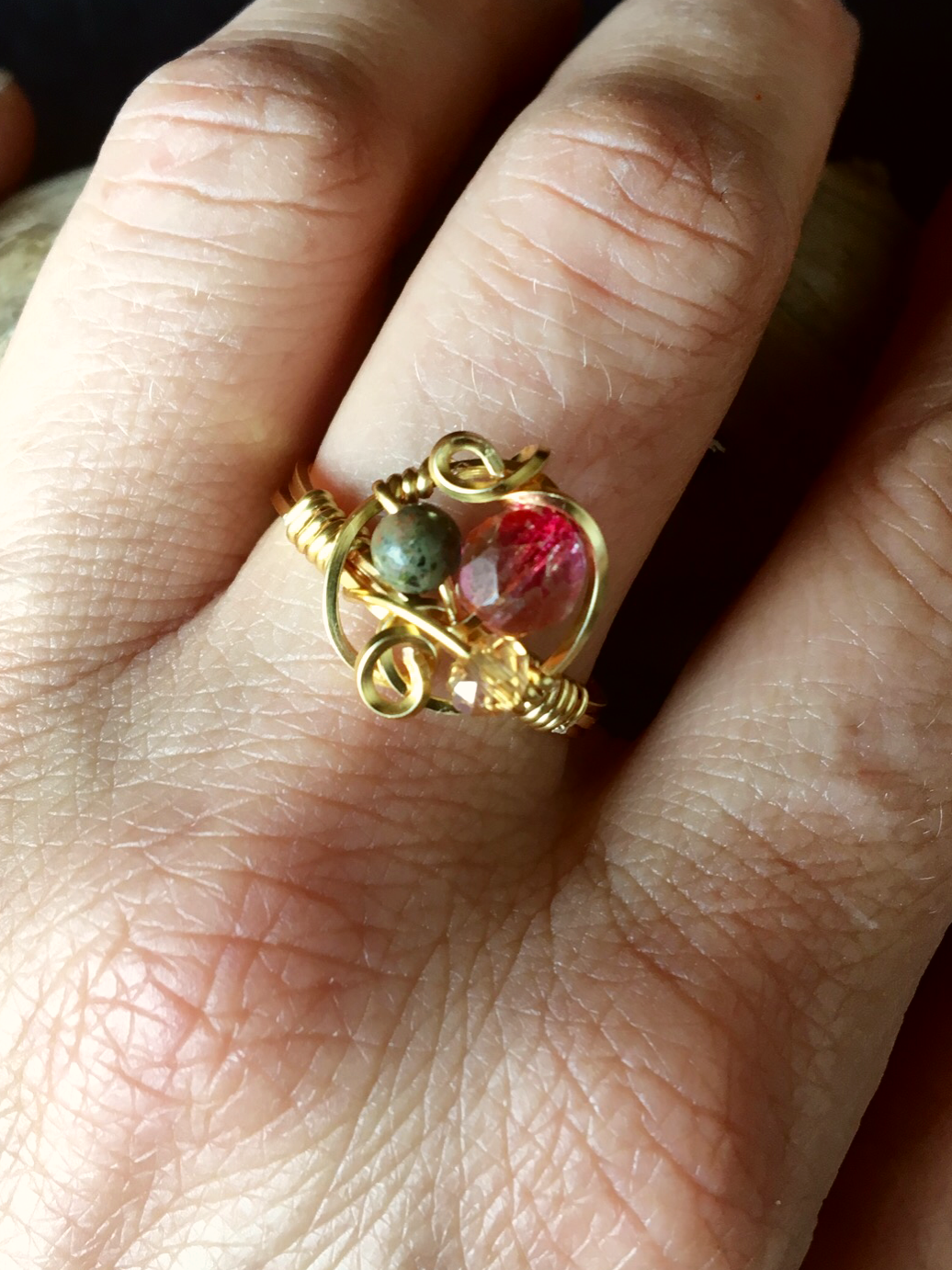Dainty Deva Ring - Swarovsky and jasper - Silver Plated Gold Color