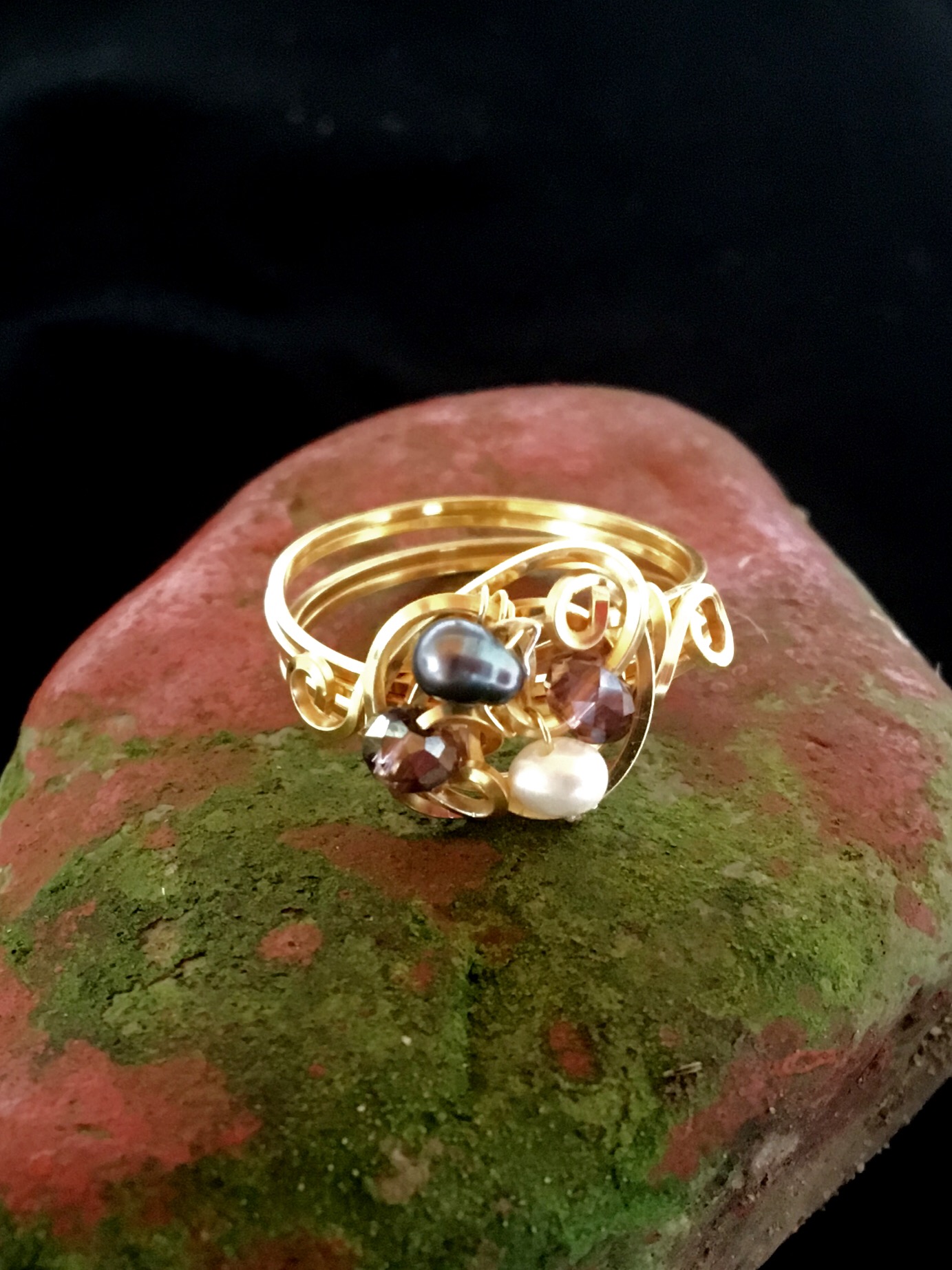Dainty Deva Ring - Pearls and crystals - Silver Plated Gold Color