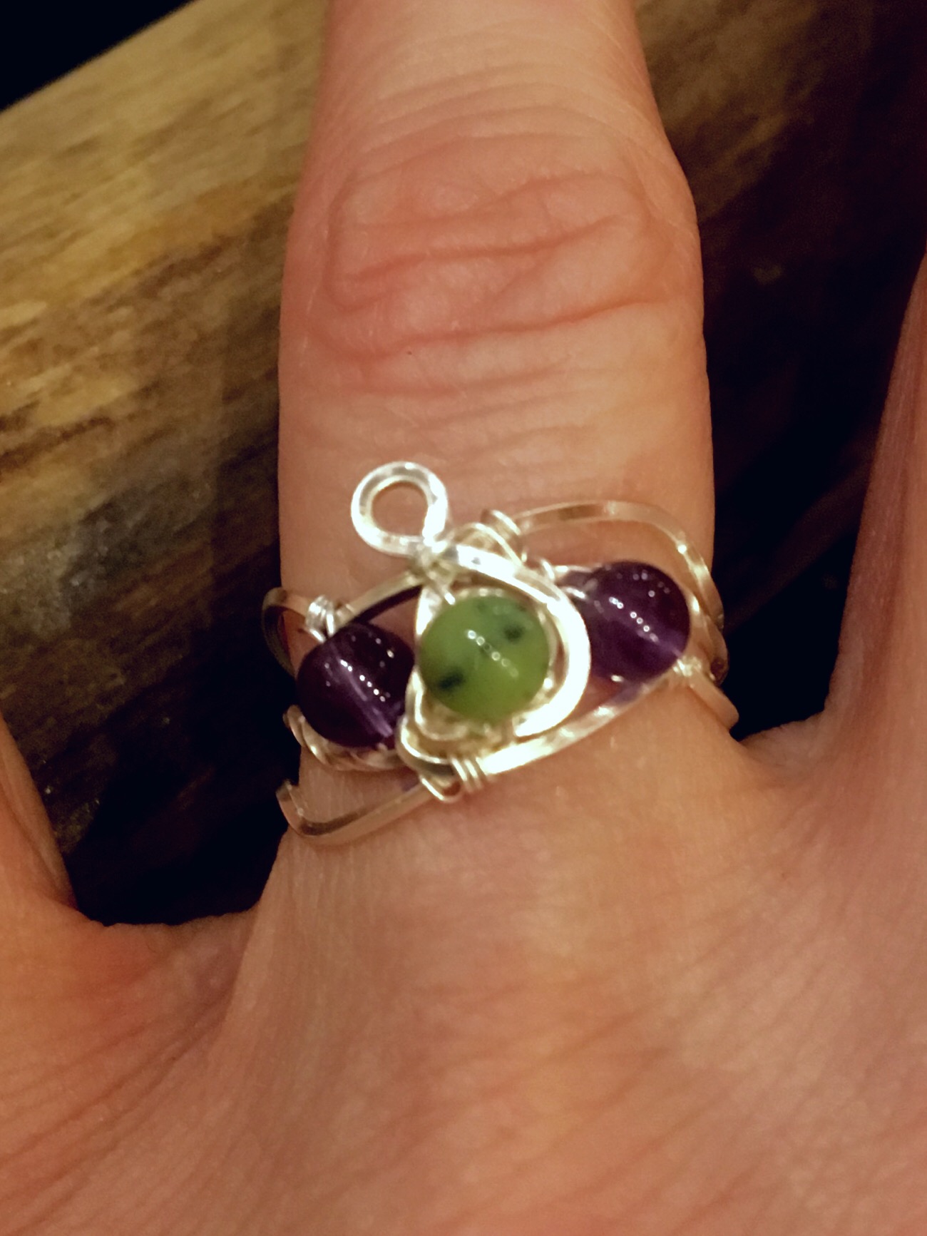 Qhresnna Quartz Ring - Amethyst and Jade - Silver Plated.