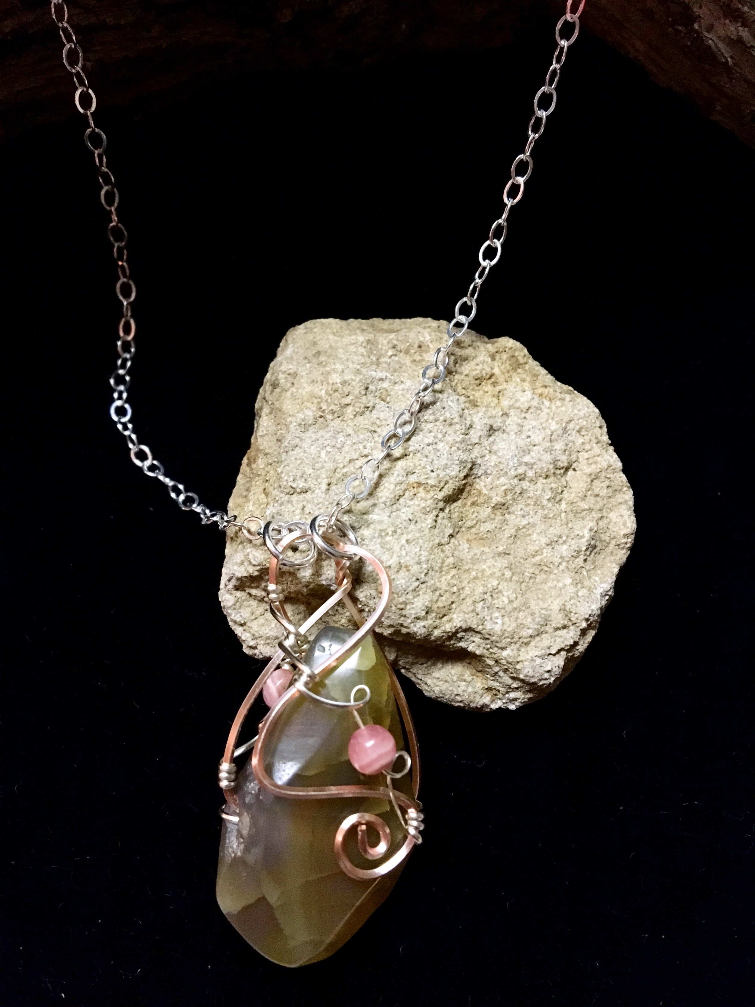 Qhresnna Quartz Necklace - Amber Agathe, rhodocrosite - Silver Plated and Sterling Chain