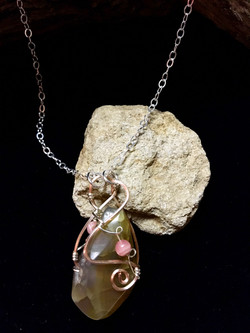 Qhresnna Quartz Necklace - Amber Agathe, rhodocrosite - Silver Plated and Sterling Chain