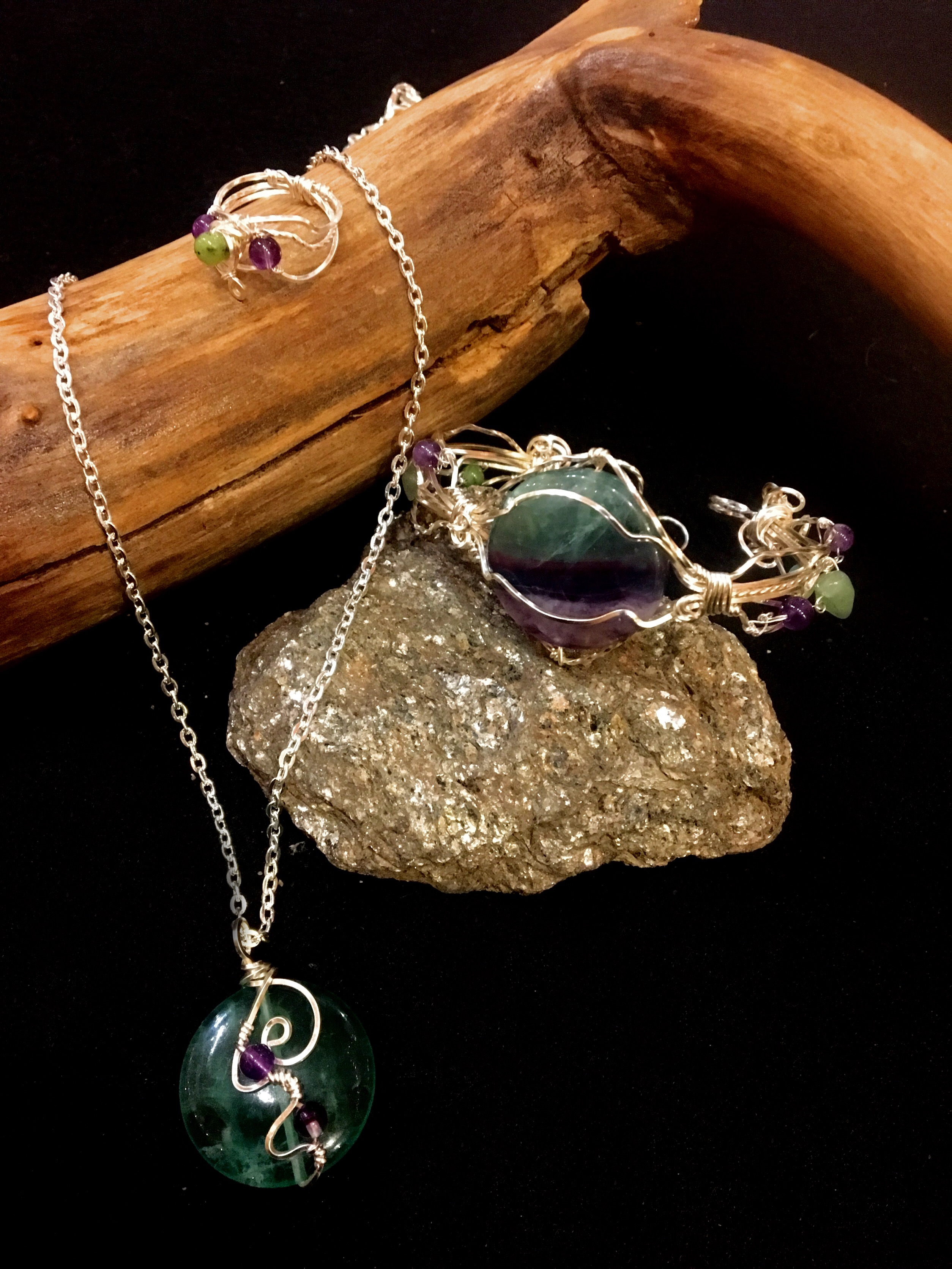Qhresnna Quartz Set - Fluorite amethyst and aventurine - Silver Plated