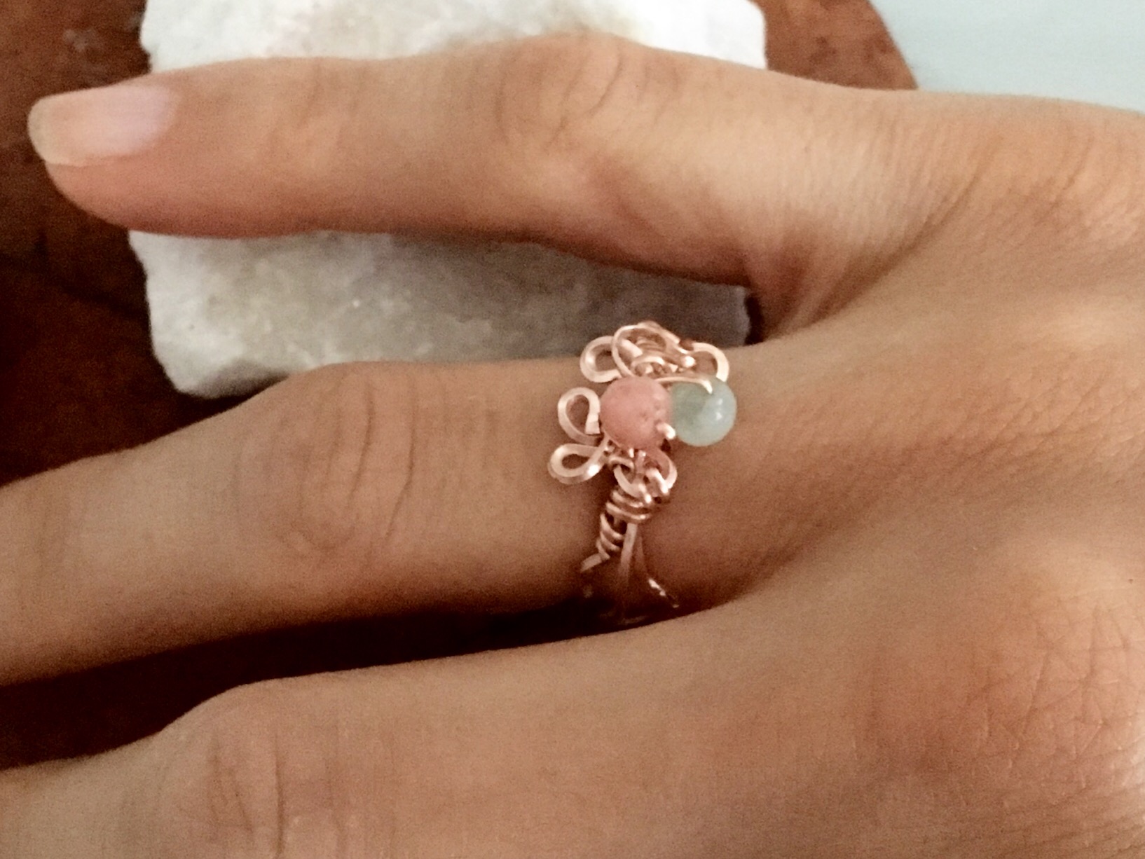Qhresnna Quartz Ring - Green Agathe aventurine and Rhodocrosite - Silver Plated