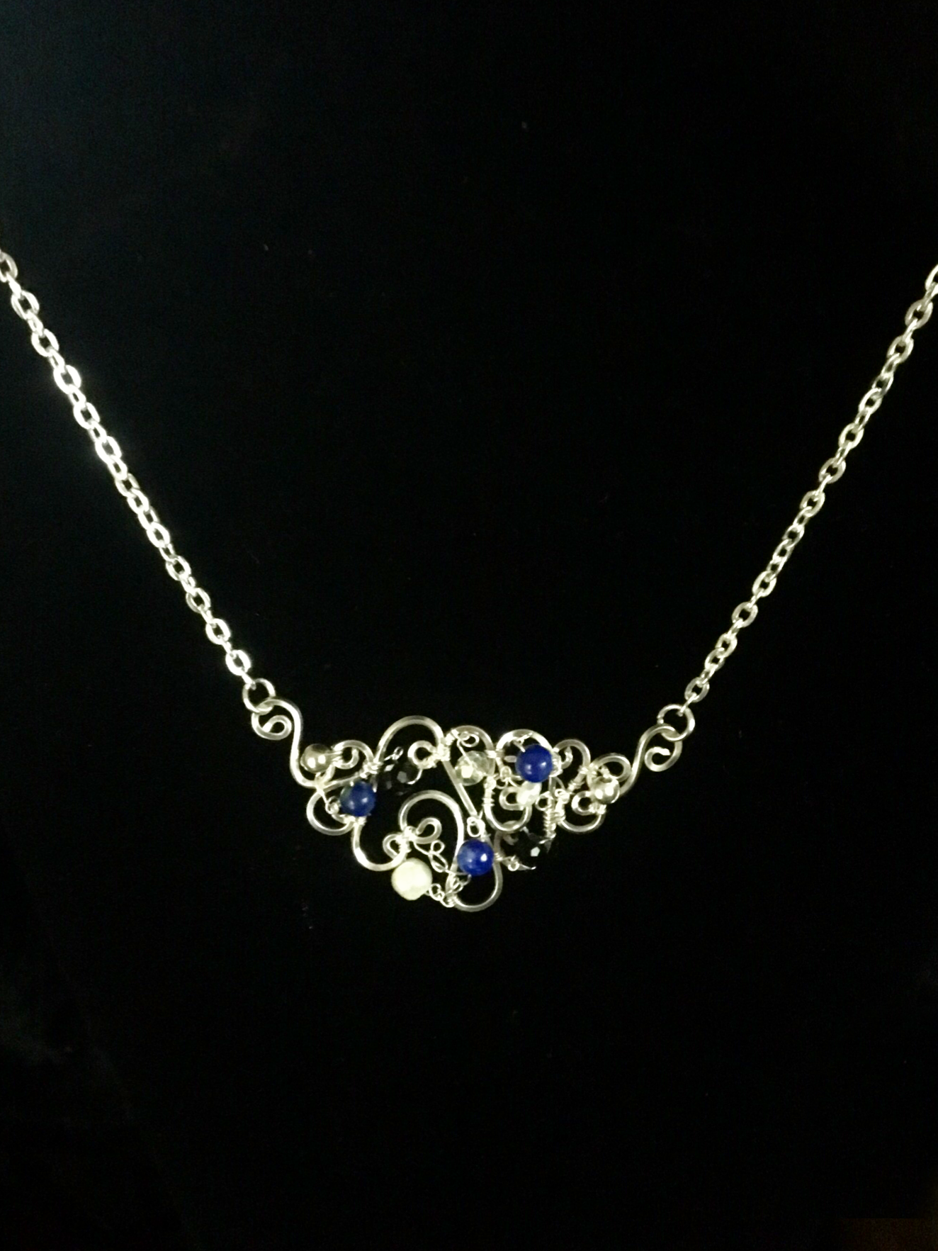 Dainty Deva Necklace - Pearls and Lapis Lazuli - Silver Plated