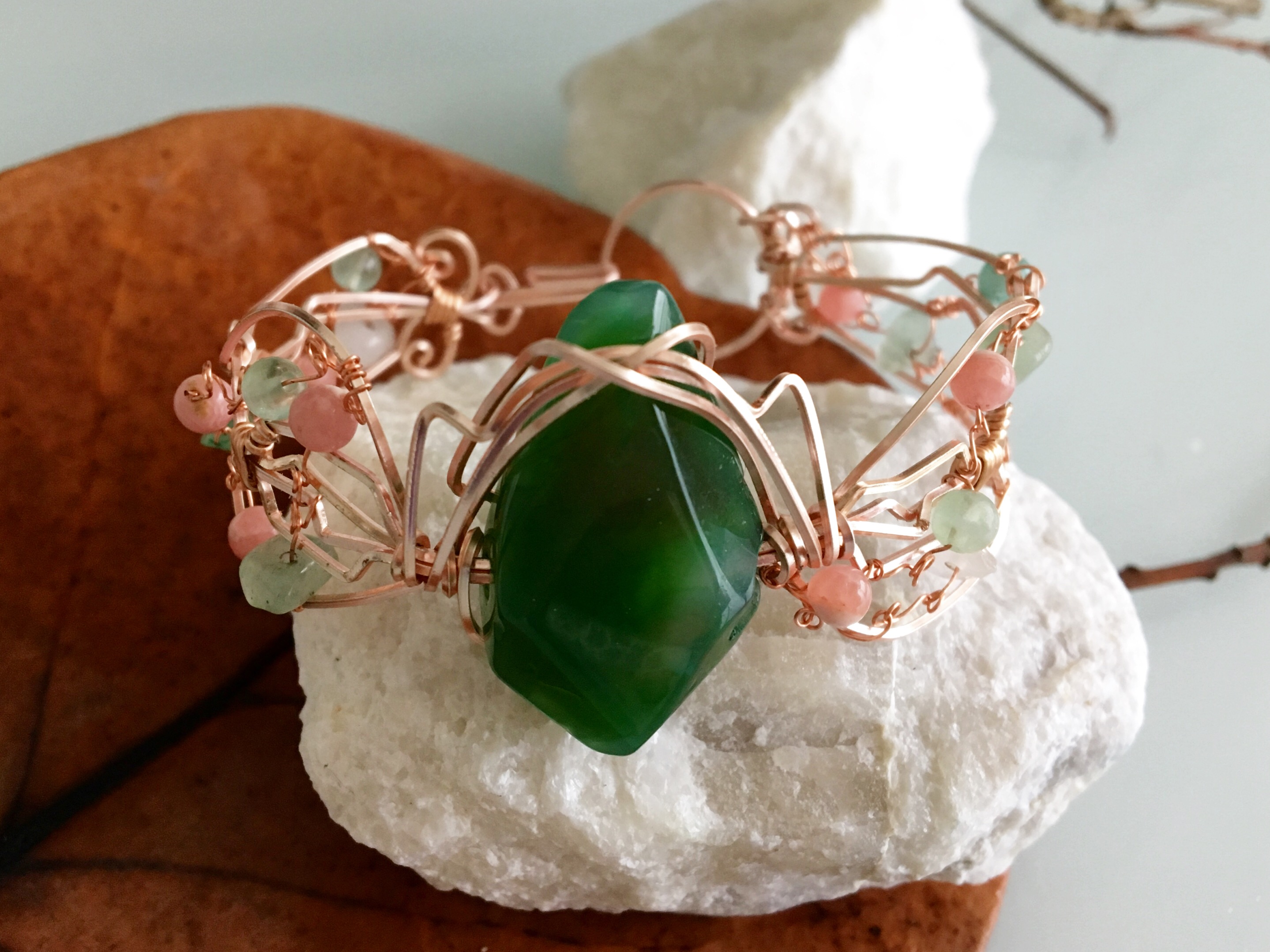 Qhresnna Quartz Bracelet - Green Agathe aventurine and Rhodocrosite - Silver Plated