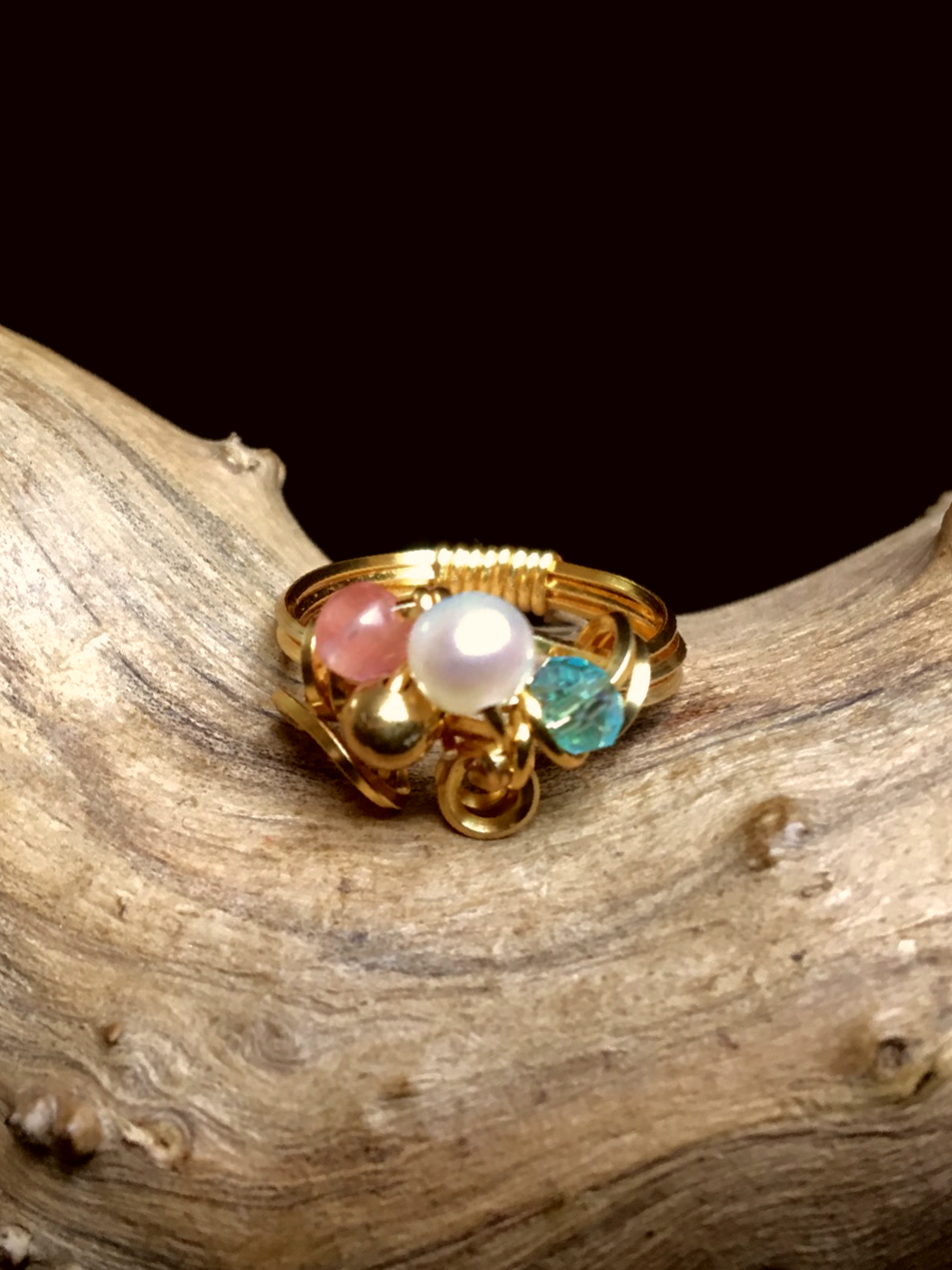 Dainty Deva Ring - Pearls and Crystals - Silver Plated Gold Color