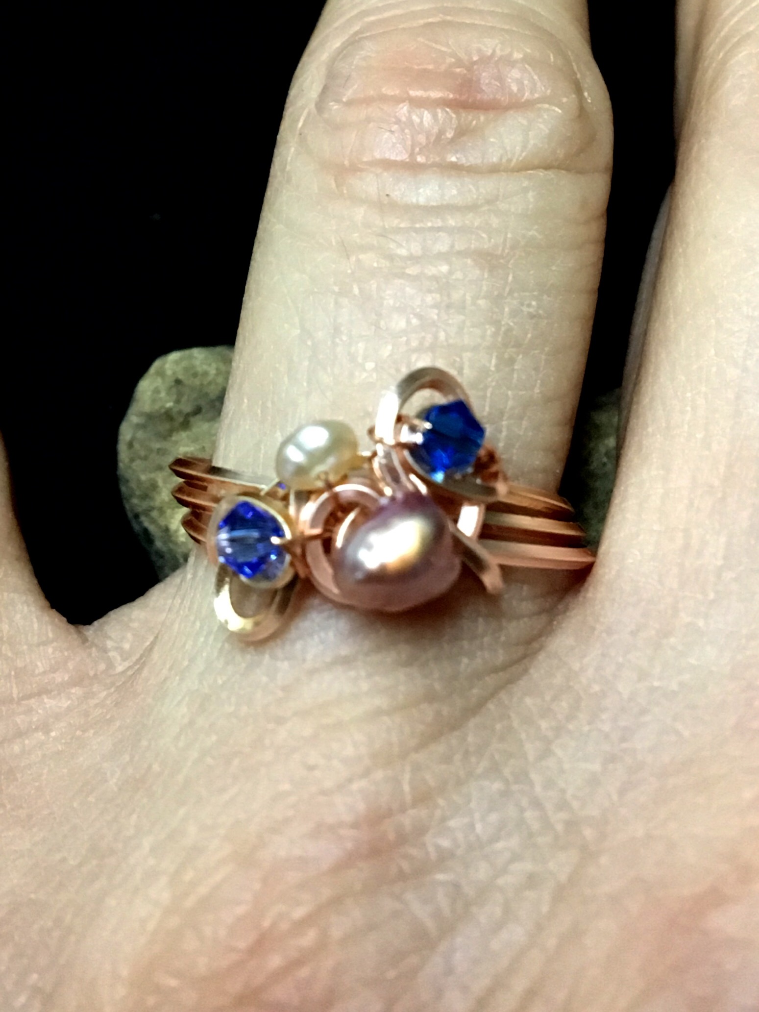 Dainty Deva Ring on finger - pink pearls and swarovsky - Silver Plated Rose gold Color.