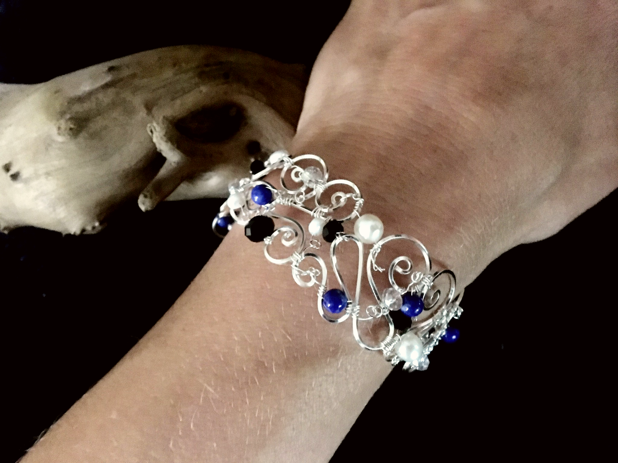 Dainty Deva Bracelet on Hand - Pearls and Lapis Lazuli - Silver Plated