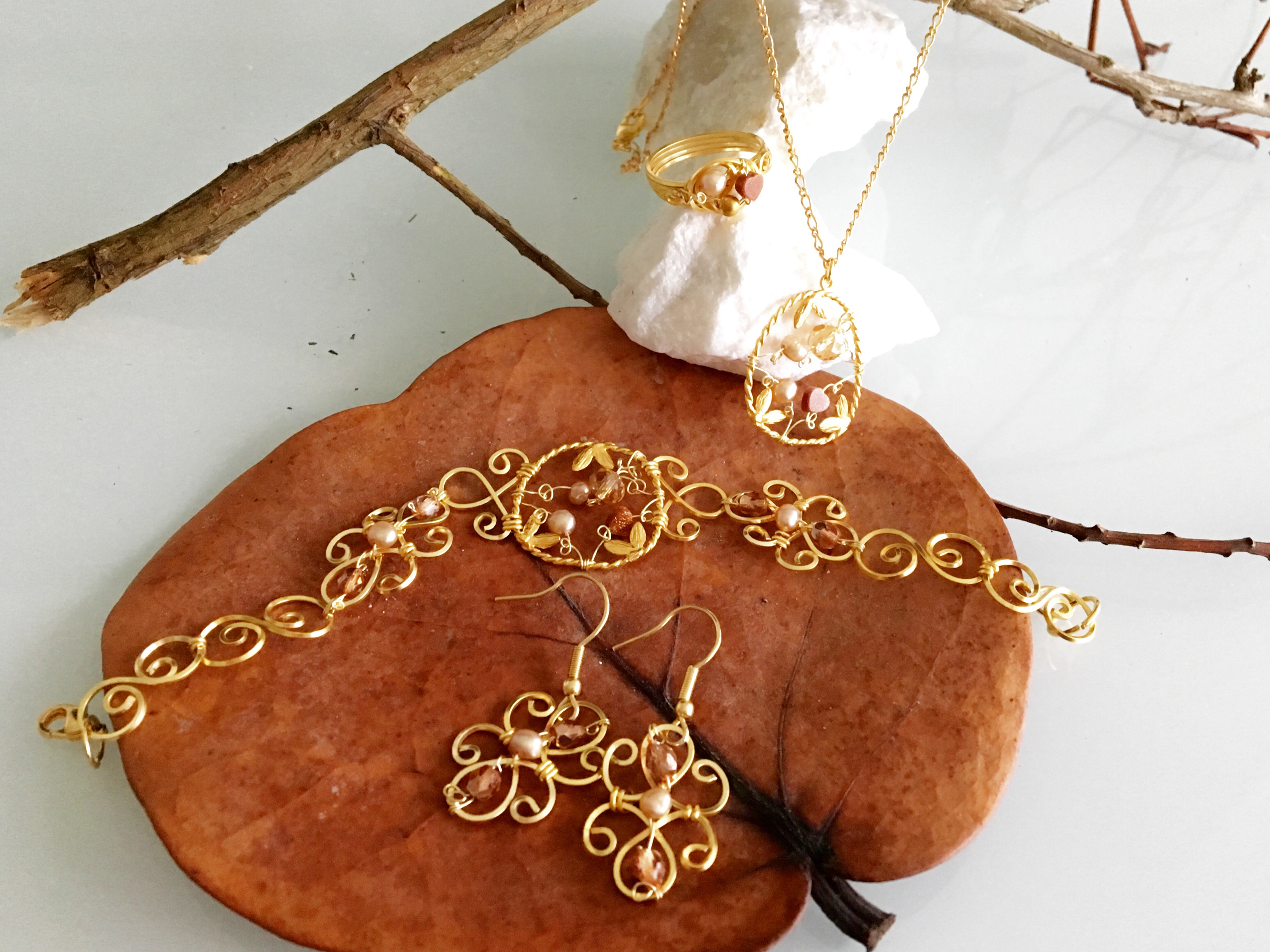 Dainty Deva Set - Goldfilled Leaves - Silver Plated Gold Color-