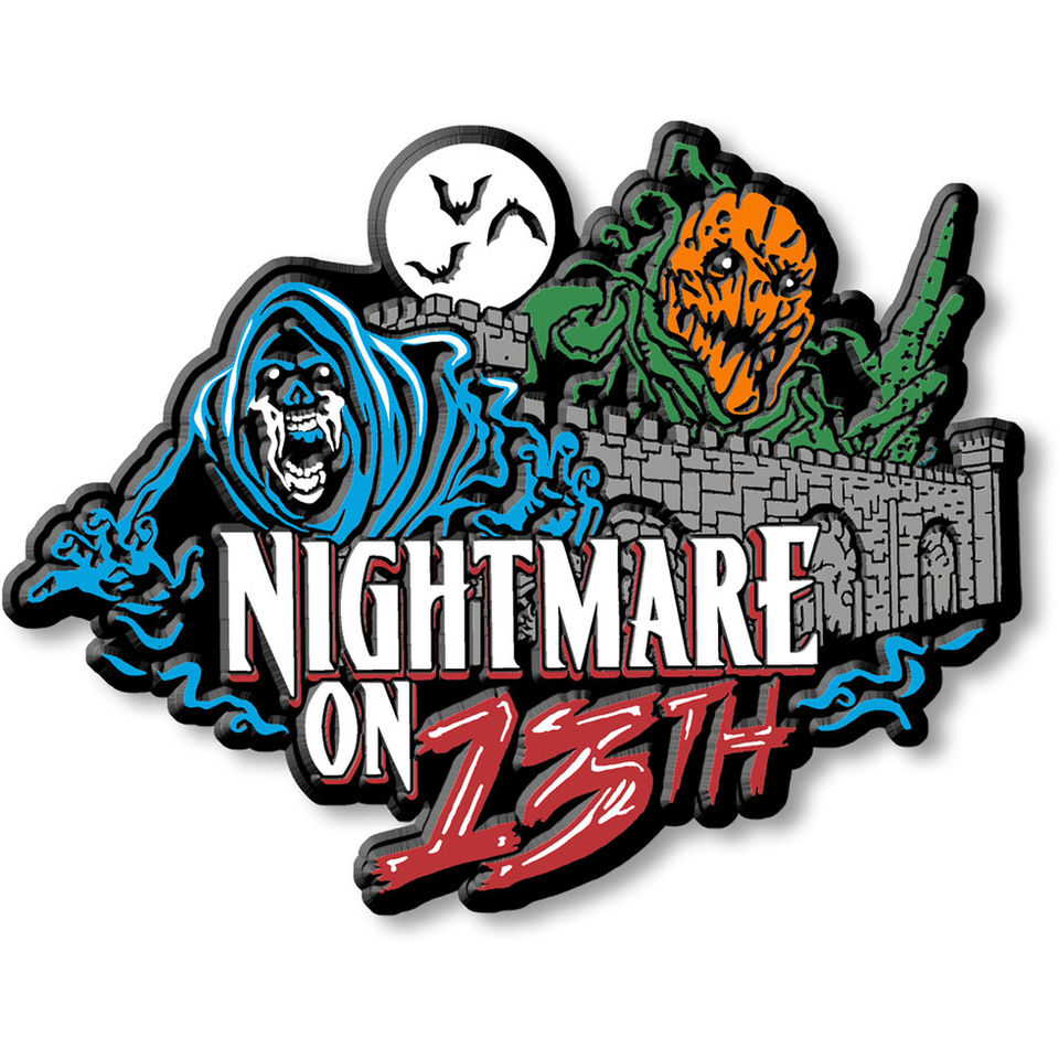 Nightmare on 13th logo with a castle, a ghost, and a pumpkin monster.