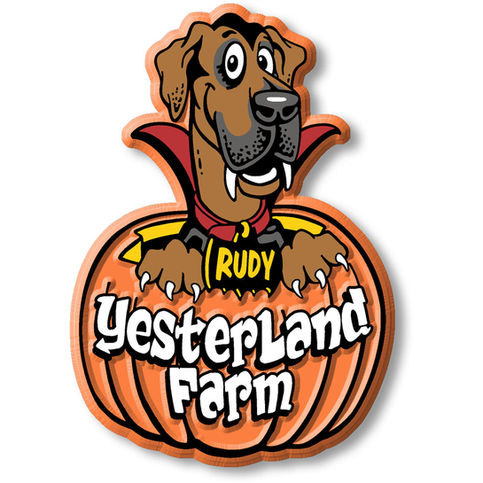 Cartoon dog named Rudy in a vampire costume inside a pumpkin with the text Yesterland Farm